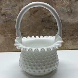 Hobnail Milk Glass Basket White Ruffled Crimped Edge Handle Home Decor Display